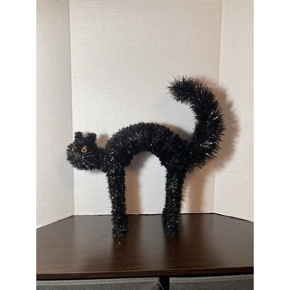 Vintage Tinsel Halloween Black Cat Decoration 16” Arched Back Spooky Décor